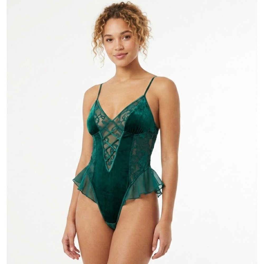 Vtg Y2K Victoria's Secret Bodysuit Women Petite Green Gold Label Burnout Velvet‎